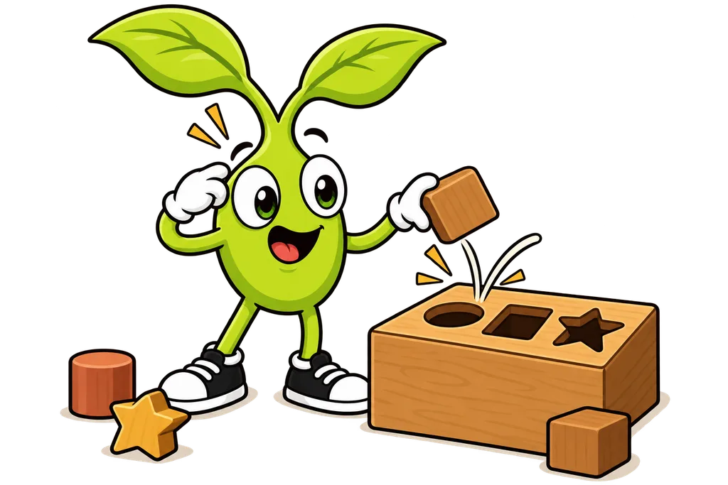 Sprout watches a square peg bounce off the round hole of a wooden shape sorter