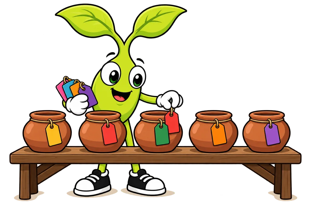 Sprout hangs a different coloured tag on each of a row of identical clay jars