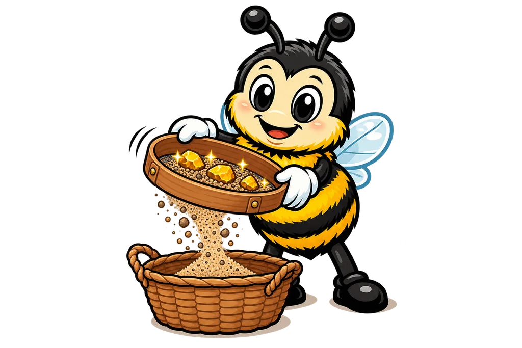 Buzz shakes a wooden sieve so gold nuggets stay behind while sand falls through