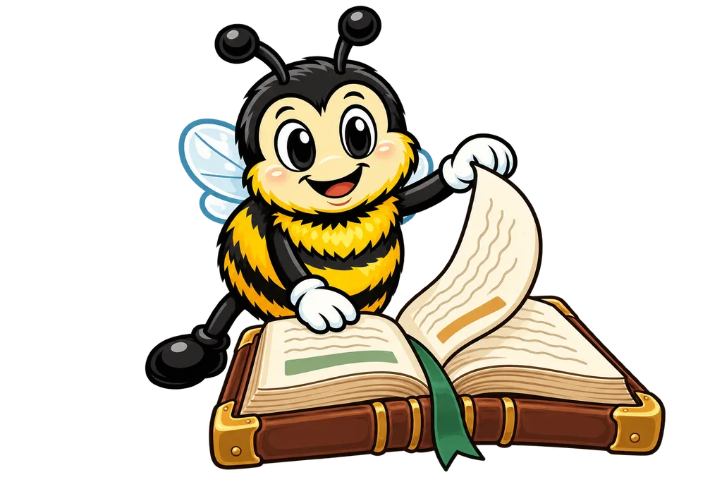 Buzz turns a page in a big leather book with a green ribbon bookmark
