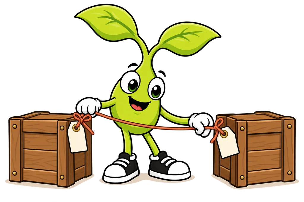 Sprout links two wooden crates with terracotta yarn running between matching tags