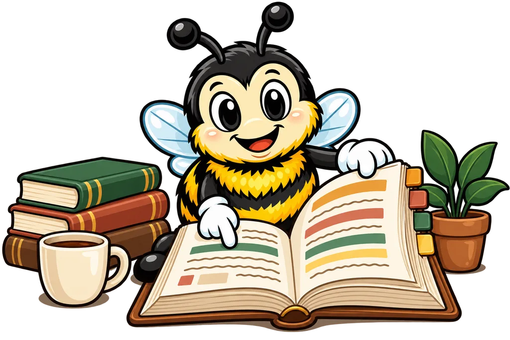Buzz opens a thick textbook at its coloured index tabs, finger on the right page