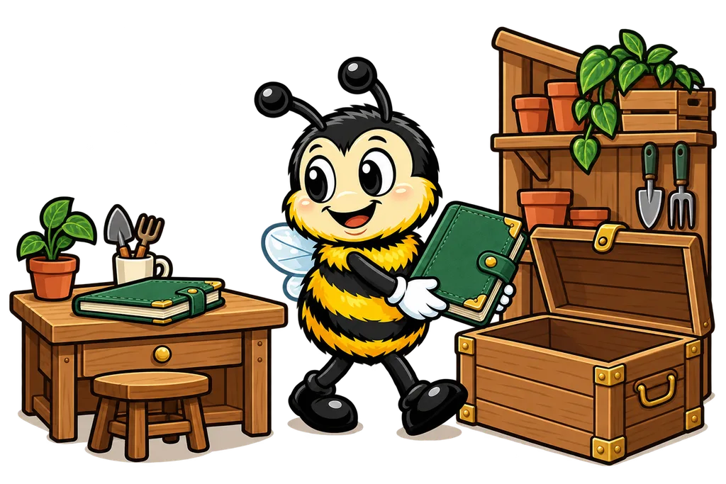 Buzz carries a copy of a green ledger to a wooden chest while the original stays on a desk