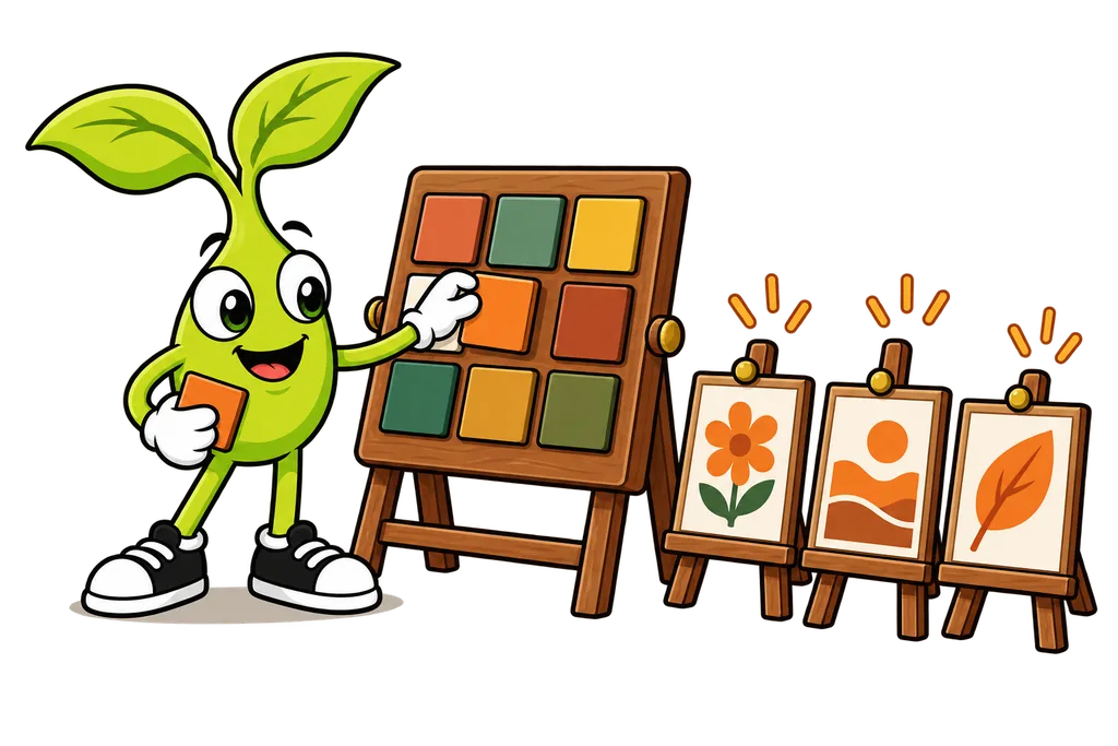 Sprout changes a tile on a wooden board and three easel paintings change to match