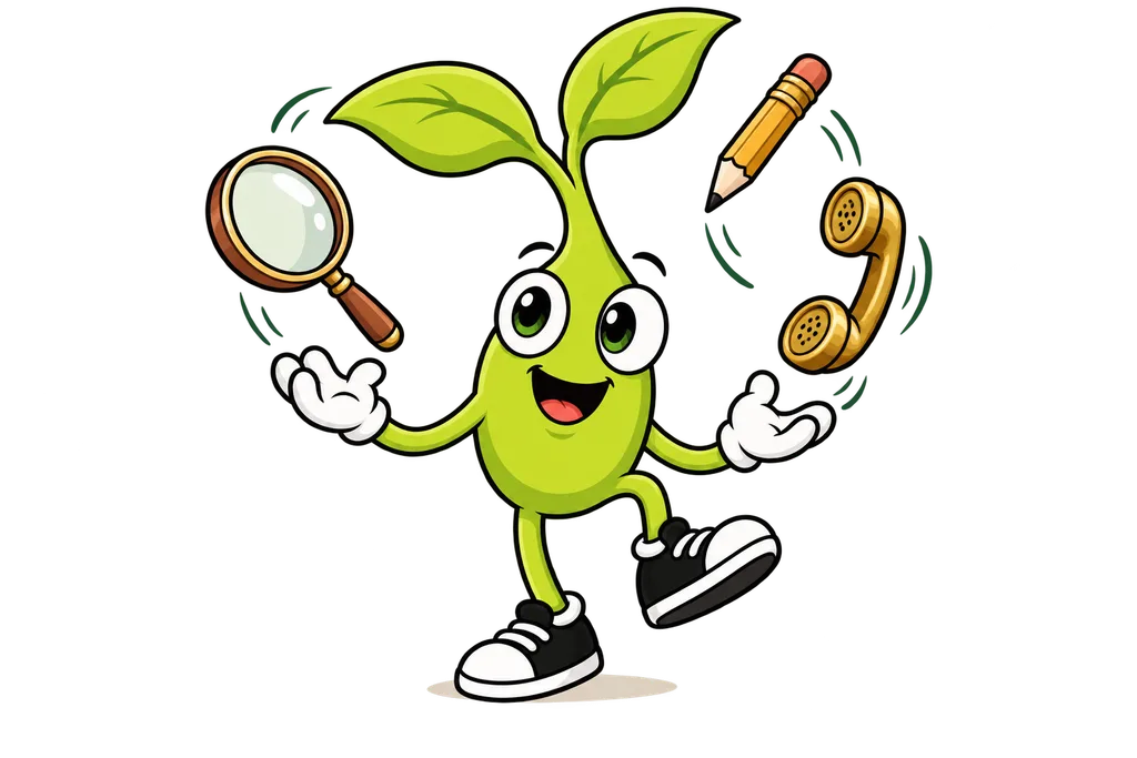 Sprout juggles a magnifying glass, a pencil and a brass telephone
