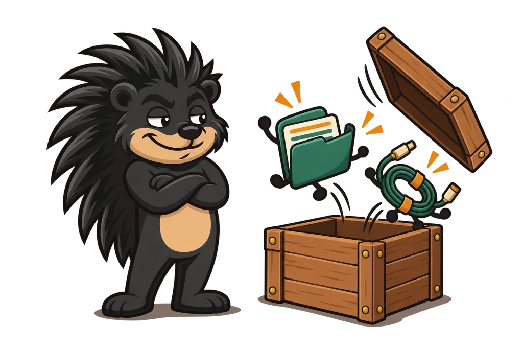 Pixl watches a wooden crate open itself as a folder and coiled cord climb out