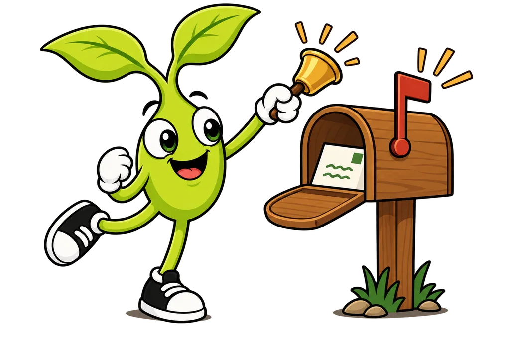 Sprout rings a brass bell as a note drops into a wooden mailbox and its flag pops up