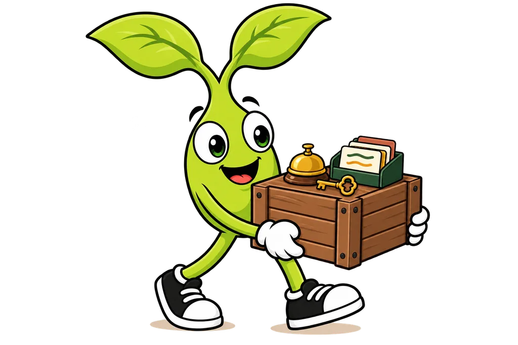 Sprout carries a wooden crate topped with a bell, a brass key and a file tray