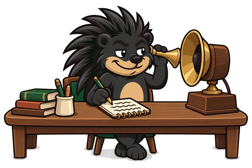 Pixl listens through a brass ear trumpet at a desk as a notepad fills with squiggles