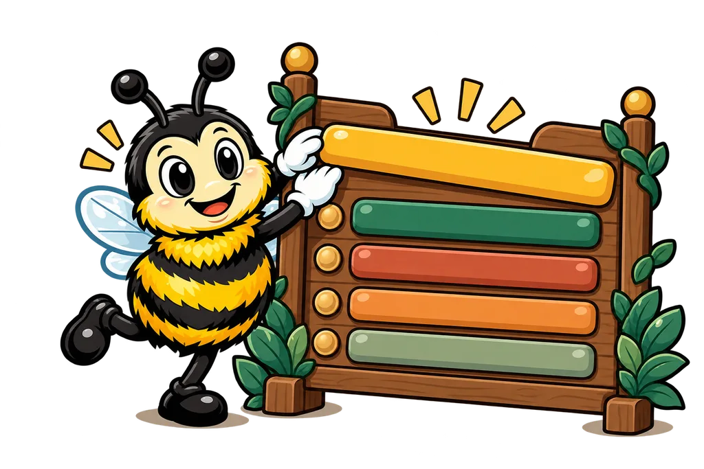 Buzz pushes a coloured bar to the top of a wooden leaderboard