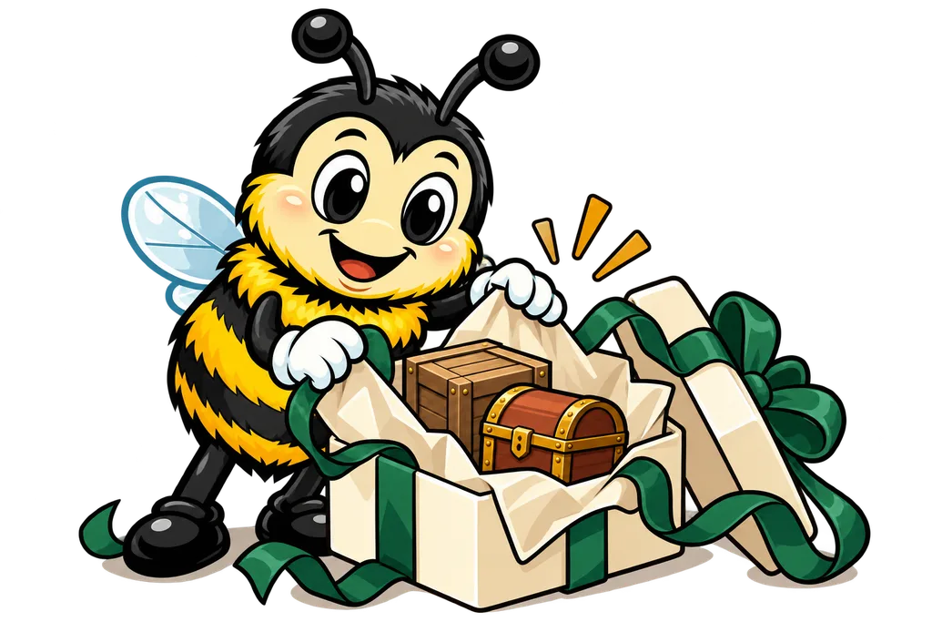 Buzz opens a gift box holding a tiny wooden crate and a little storage chest