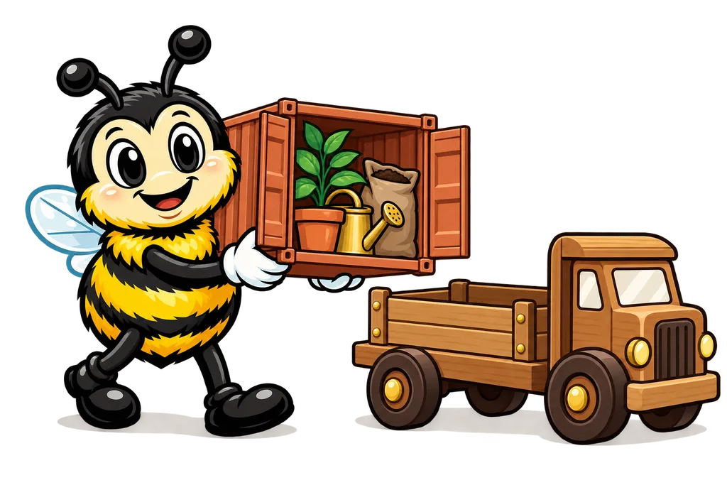 Buzz carries an open shipping container packed with a plant, watering can and soil toward a toy truck