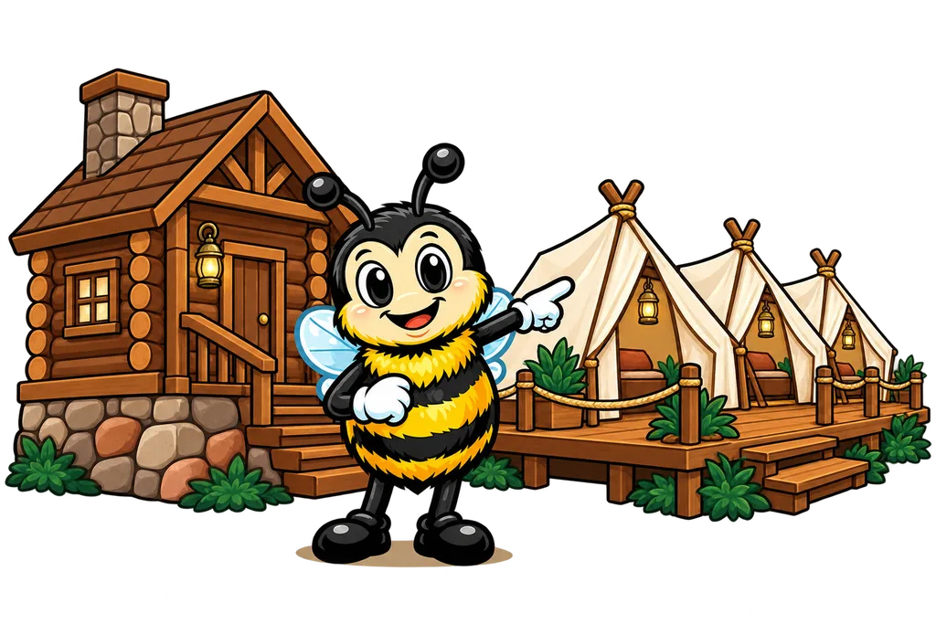 Buzz points from a heavy cabin on its own foundation to light tents sharing one wooden deck