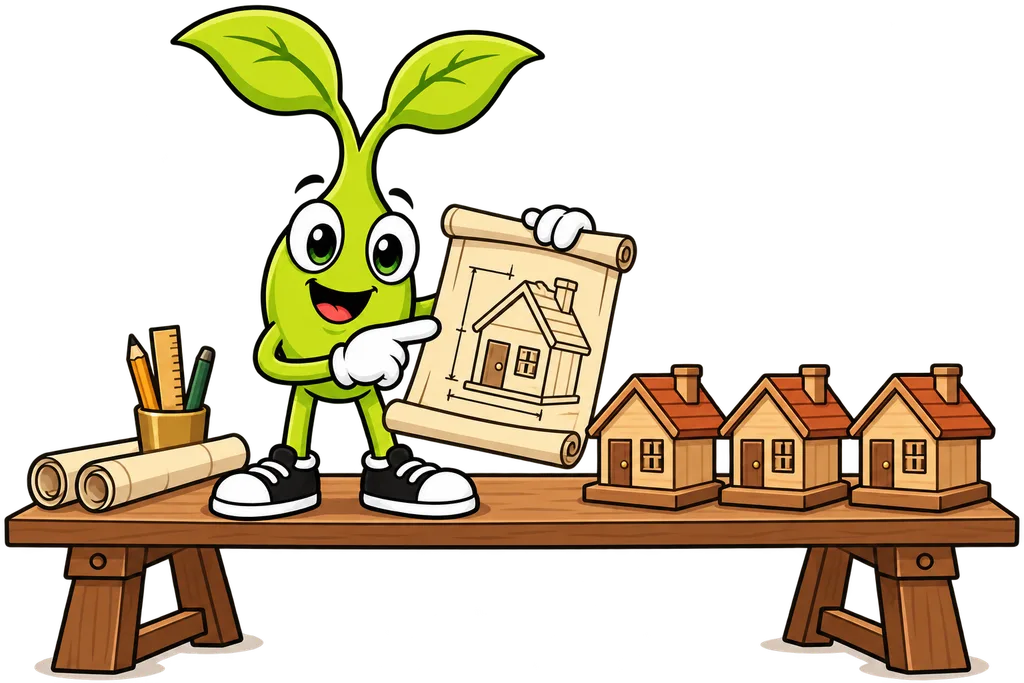 Sprout holds a house blueprint beside three identical small wooden houses built from it