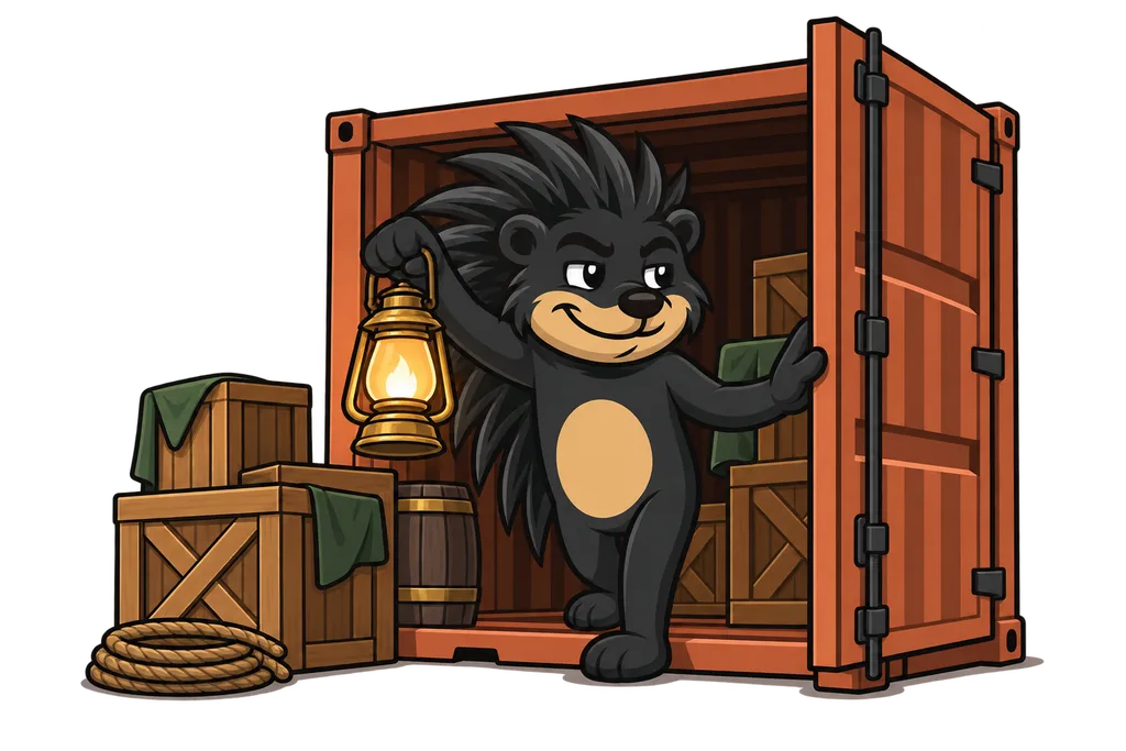 Pixl walks into an open shipping container with a lantern to look around inside