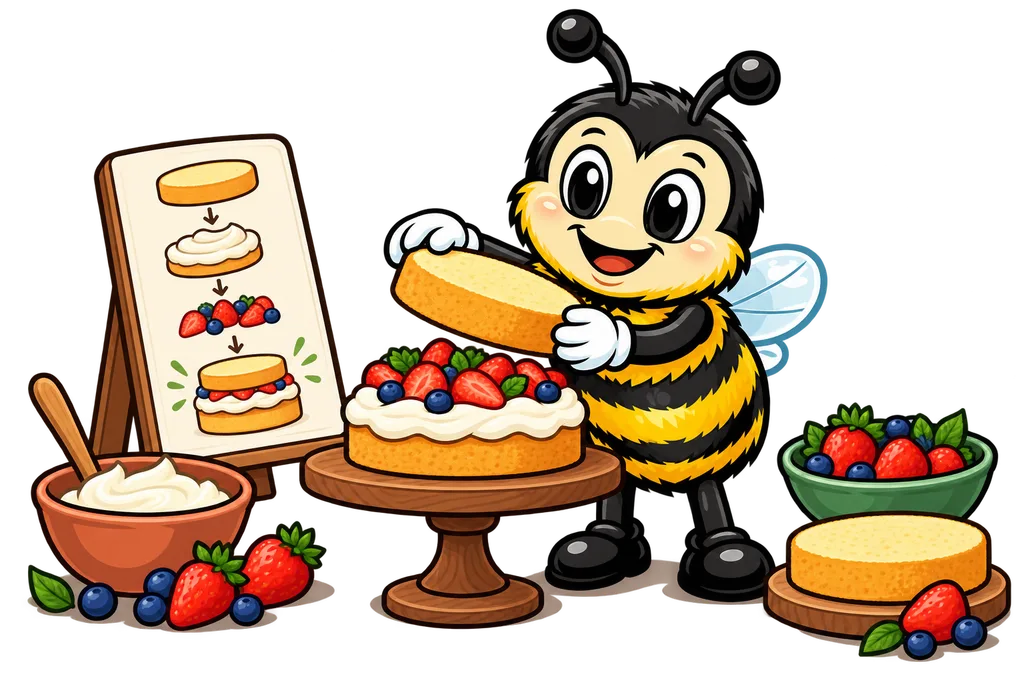 Buzz builds a layered cake on a stand, following a picture card of each step