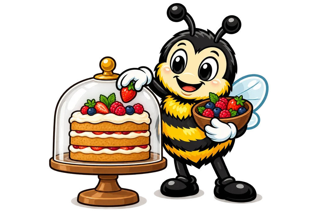 Buzz swaps only the berry topping while the lower cake layers stay under a glass dome