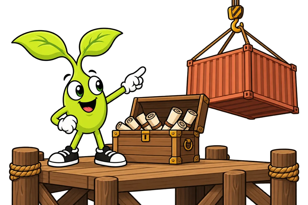 Sprout guards a chest of scrolls on a dock while a shipping container is lifted away