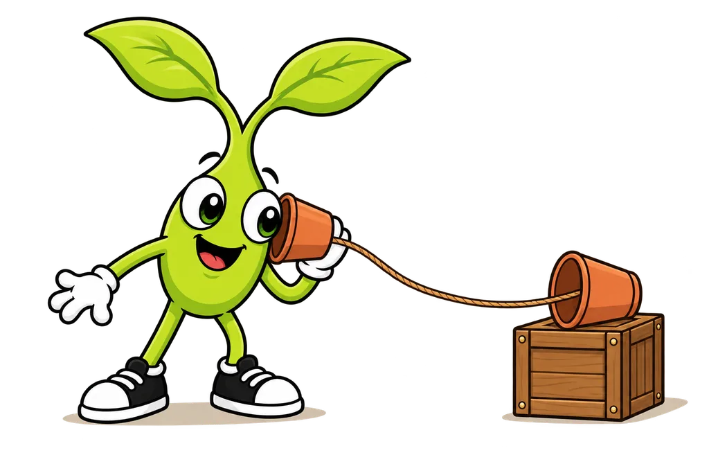 Sprout listens to a paper cup telephone strung between two shipping containers