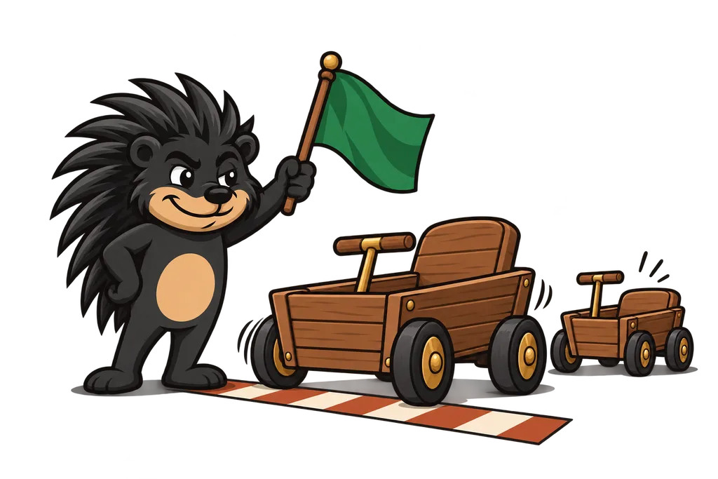 Pixl waves a flag to send a sturdy cart off first while a smaller cart waits