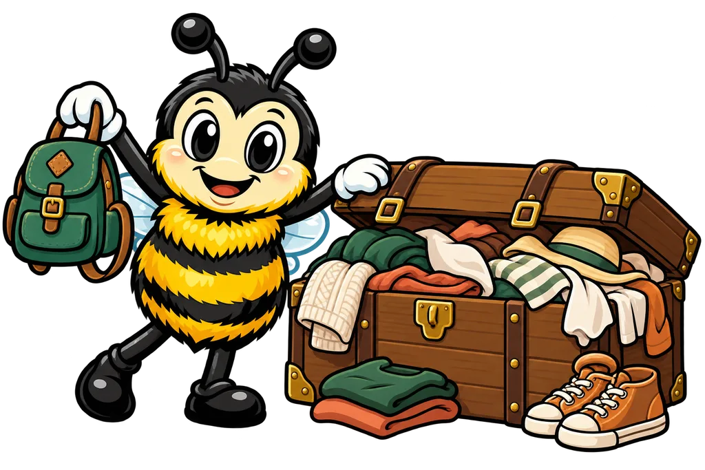 Buzz lifts a small neat backpack beside a huge overstuffed trunk spilling clothes