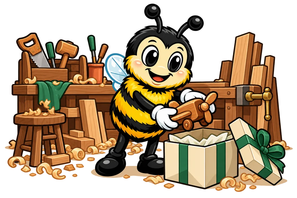 Buzz carries a finished wooden toy out of a messy workshop into a small gift box