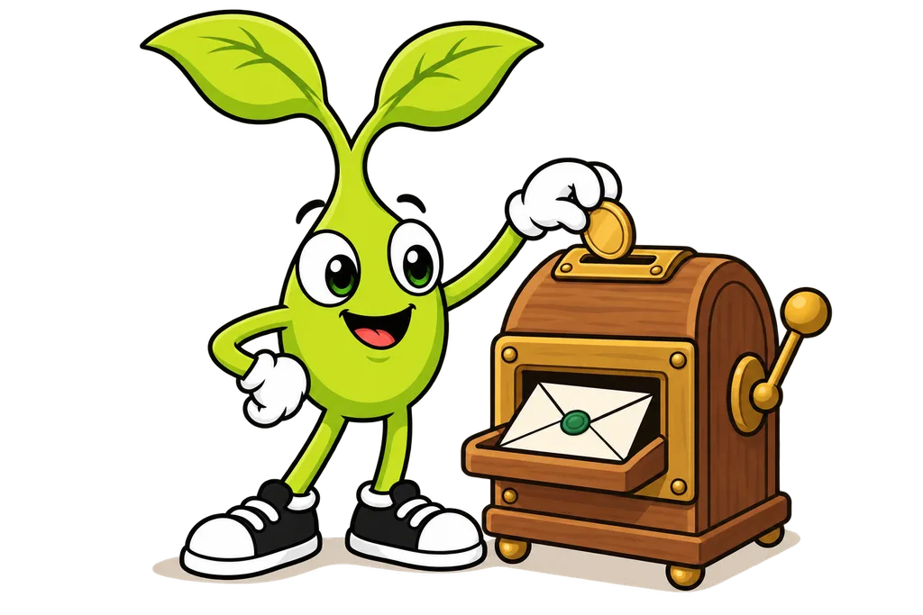 Sprout drops a brass token into a wooden mail machine that pushes out a sealed envelope