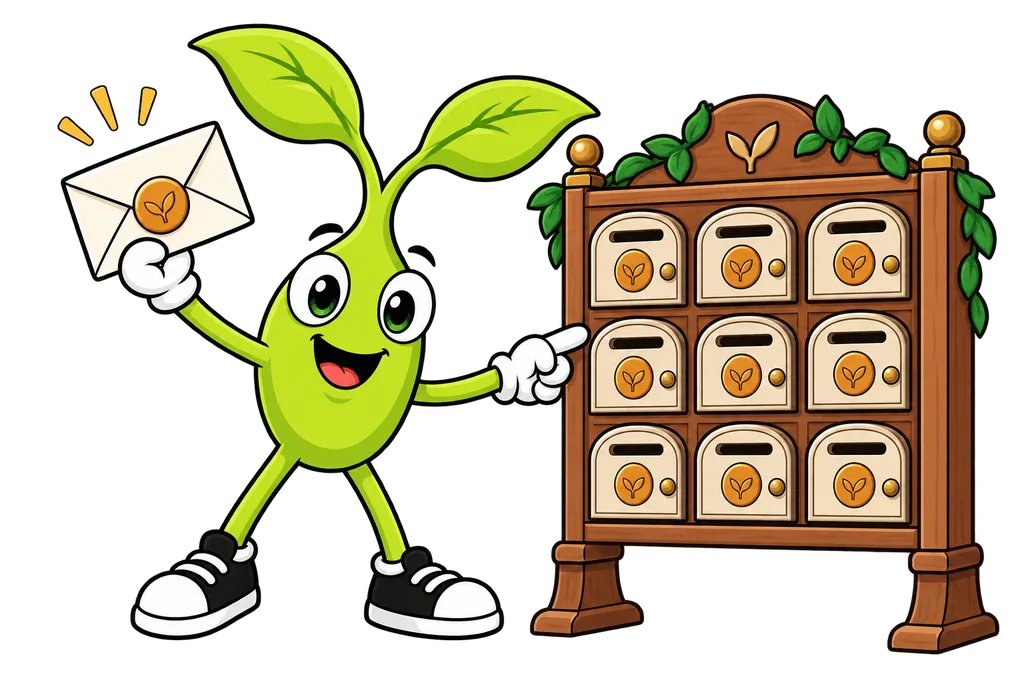 Sprout holds one signed envelope and points to a bank of mailboxes all bearing the same amber seal