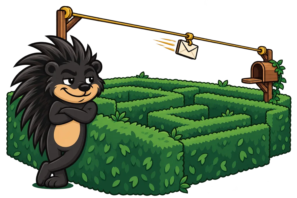 Pixl smirks by a hedge maze as an envelope rides a brass zip line over it to a mailbox