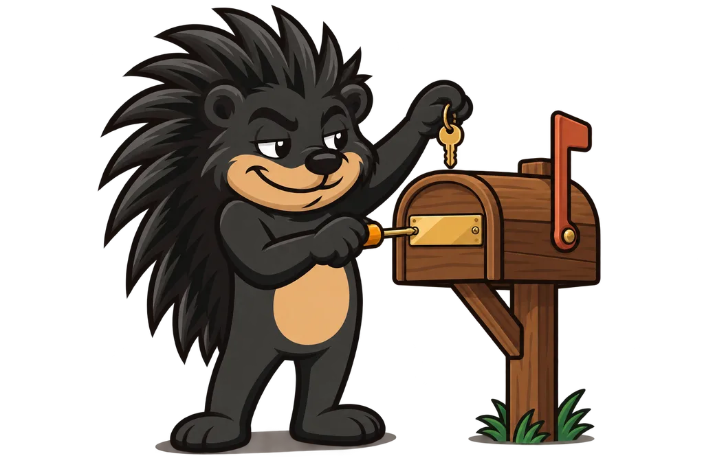 Pixl fixes a blank brass nameplate onto his own wooden mailbox while holding its key
