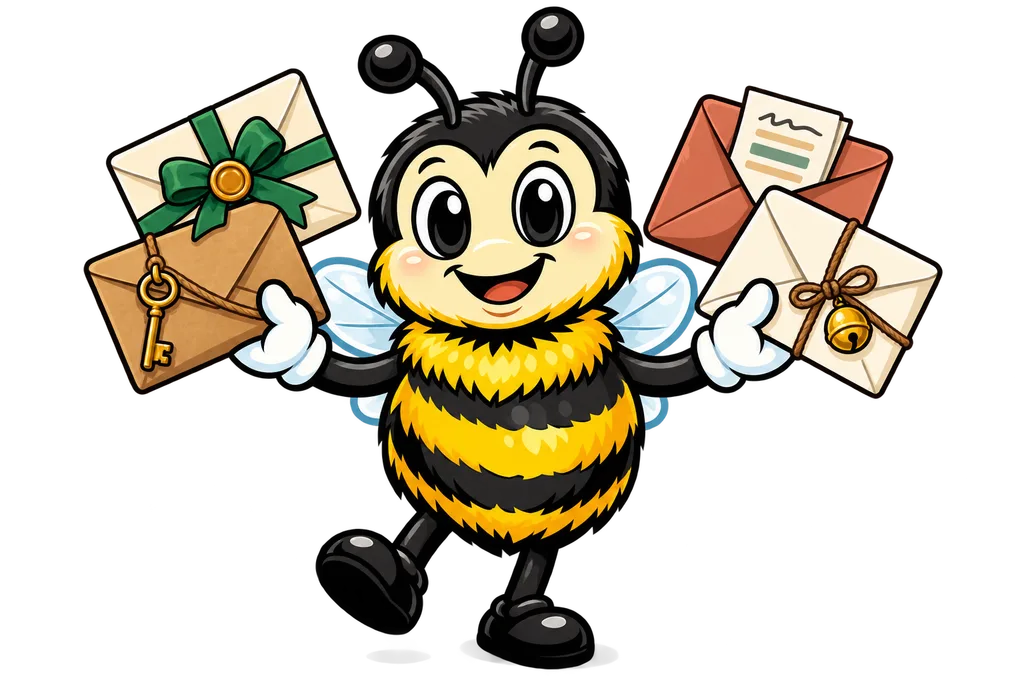 Buzz fans out four envelopes decorated with a ribbon bow, a brass key, a receipt and a small bell