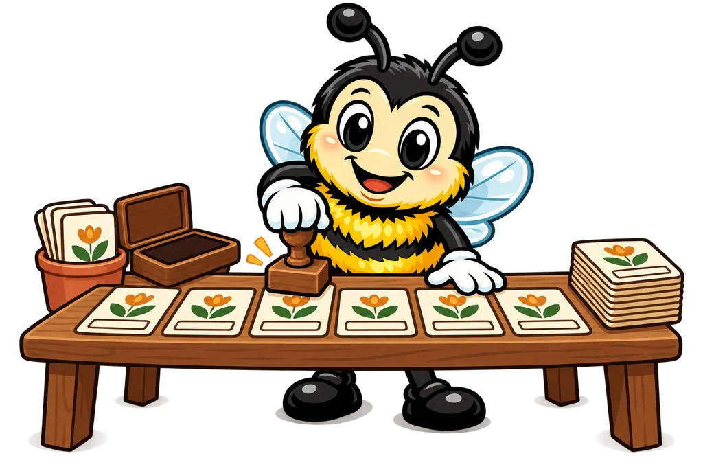 Buzz stamps the same coloured design onto a row of cream cards, each with a blank strip left open