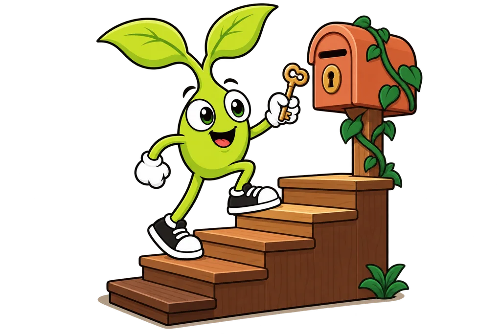Sprout climbs five wooden steps holding a brass key toward a terracotta mailbox at the top