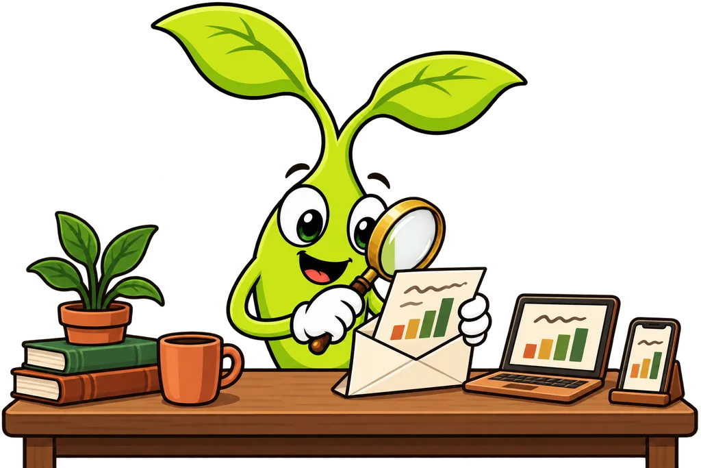 Sprout inspects an opened envelope with a magnifying glass next to a phone and a laptop
