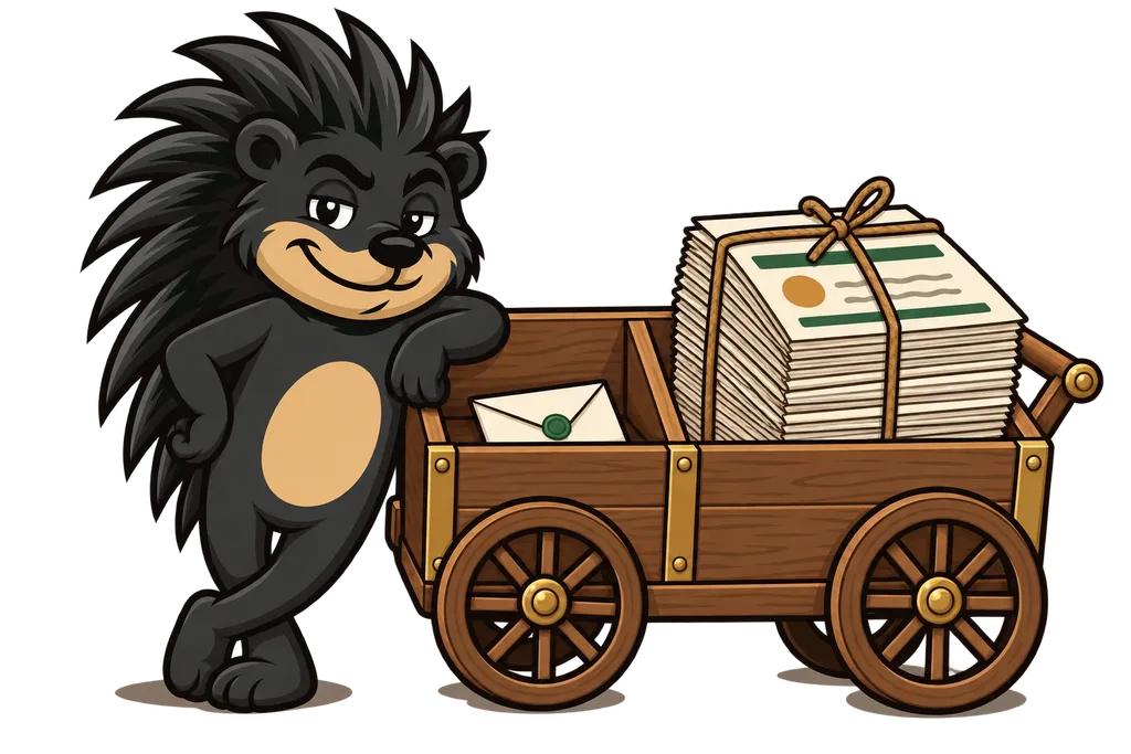 Pixl leans on a two part wooden mail cart holding one envelope and a big tied bundle of flyers