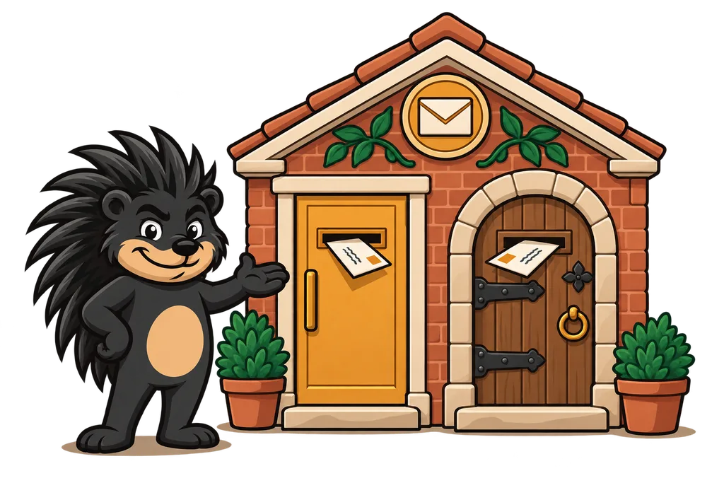 Pixl points at a brick post office with a modern amber door and an old arched door, envelopes entering both