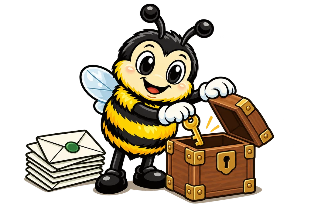 Buzz places a brass key into a wooden strongbox next to a stack of envelopes