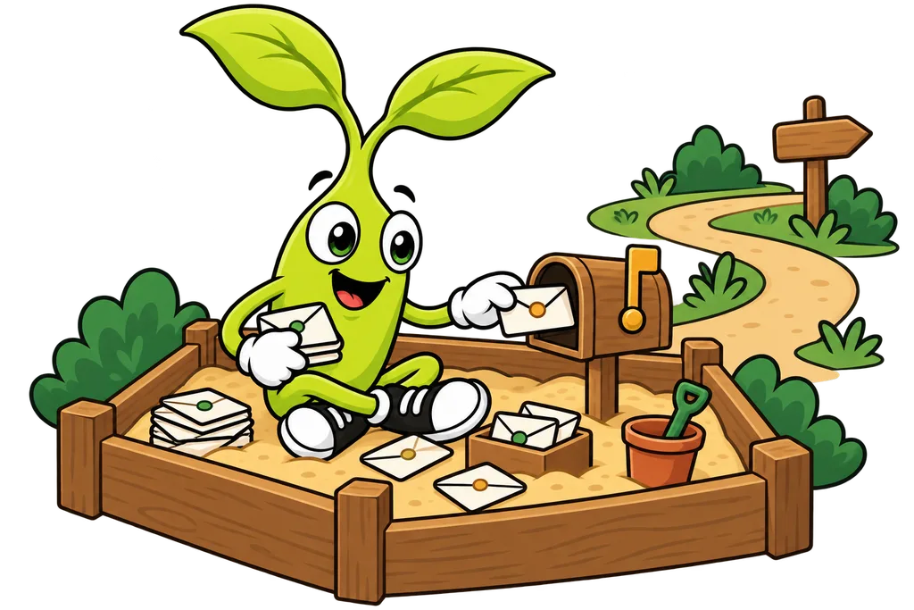 Sprout plays inside a wooden sandbox, posting envelopes into a tiny mailbox inside the fence