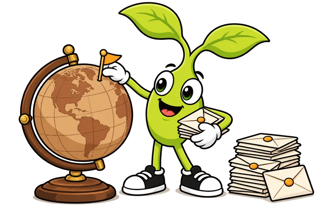 Sprout plants an amber flag on a wooden globe with his envelopes stacked beside it