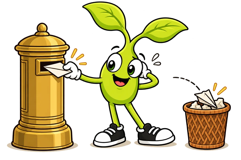 Sprout posts an envelope into a glowing brass post box while a paper airplane lands in a wicker wastebasket