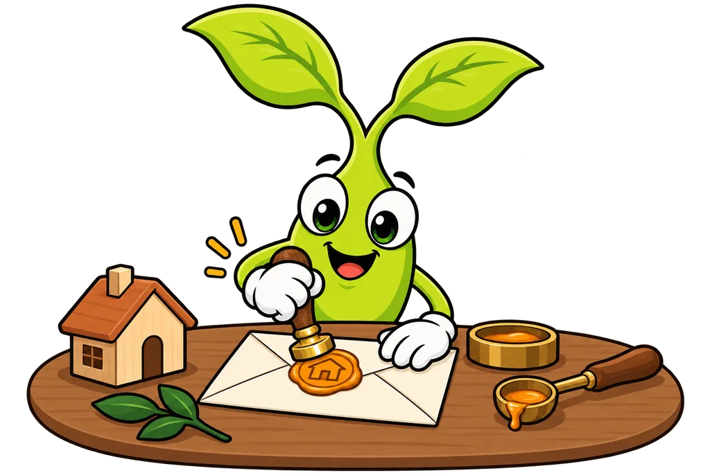 Sprout presses a brass house emblem into amber wax on an envelope beside a matching wooden model house