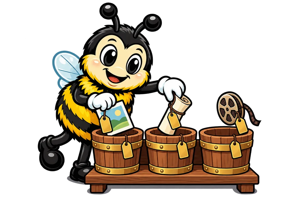 Buzz drops a photo, a document and a film reel into wooden buckets, each with a brass tag
