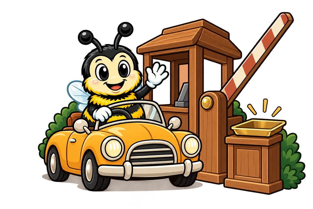 Buzz waves files through an open wooden toll gate with an empty coin tray