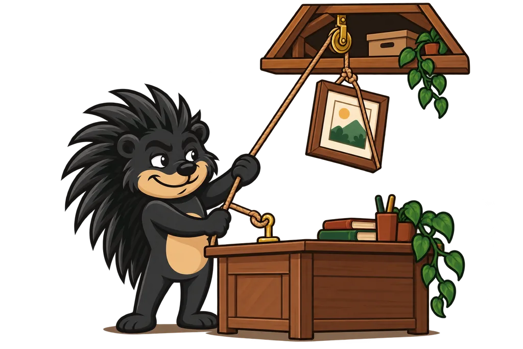 Pixl lifts a framed photo up a pulley into a loft, the rope end tied to a hook on his desk