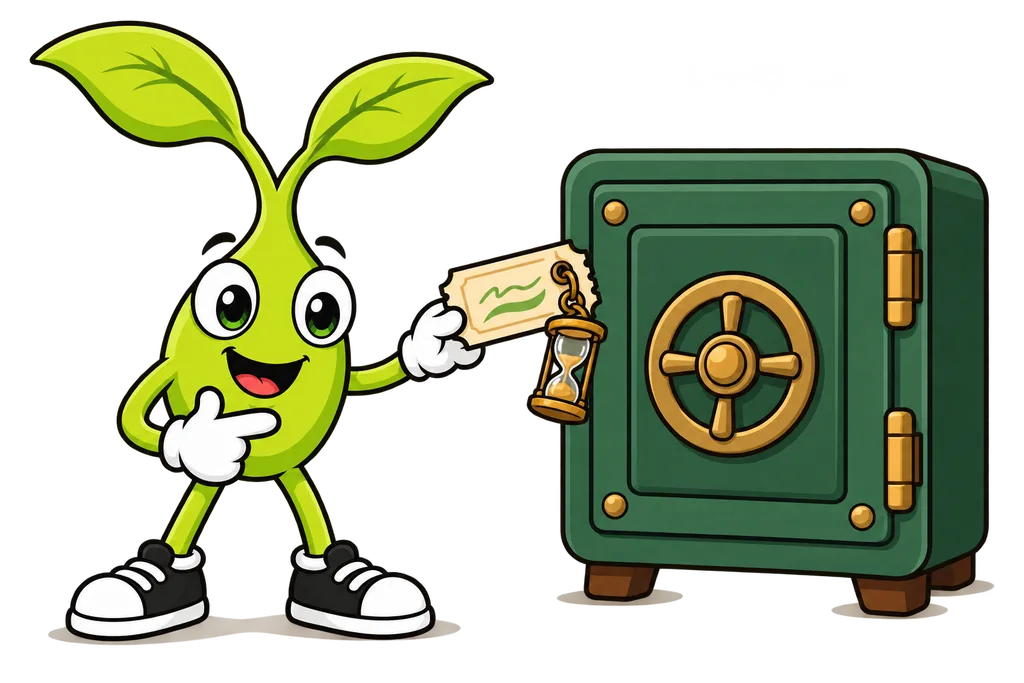 Sprout hands over a paper ticket with a small hourglass attached in front of a locked safe