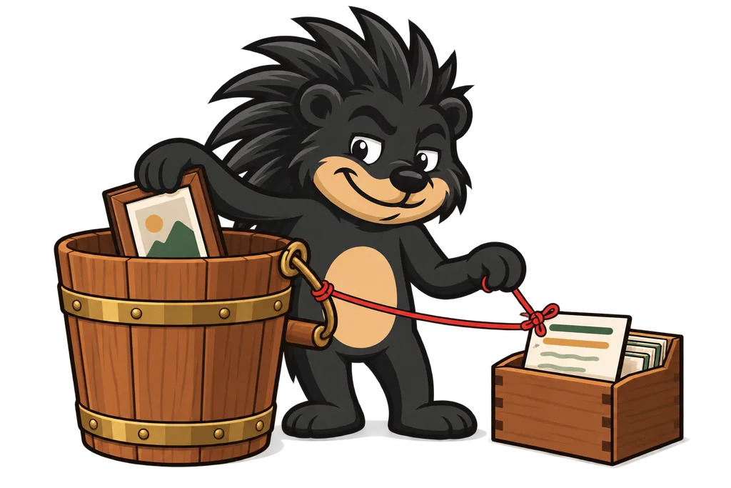 Pixl puts a photo in a wooden bucket tied by red string to an index card in a recipe box