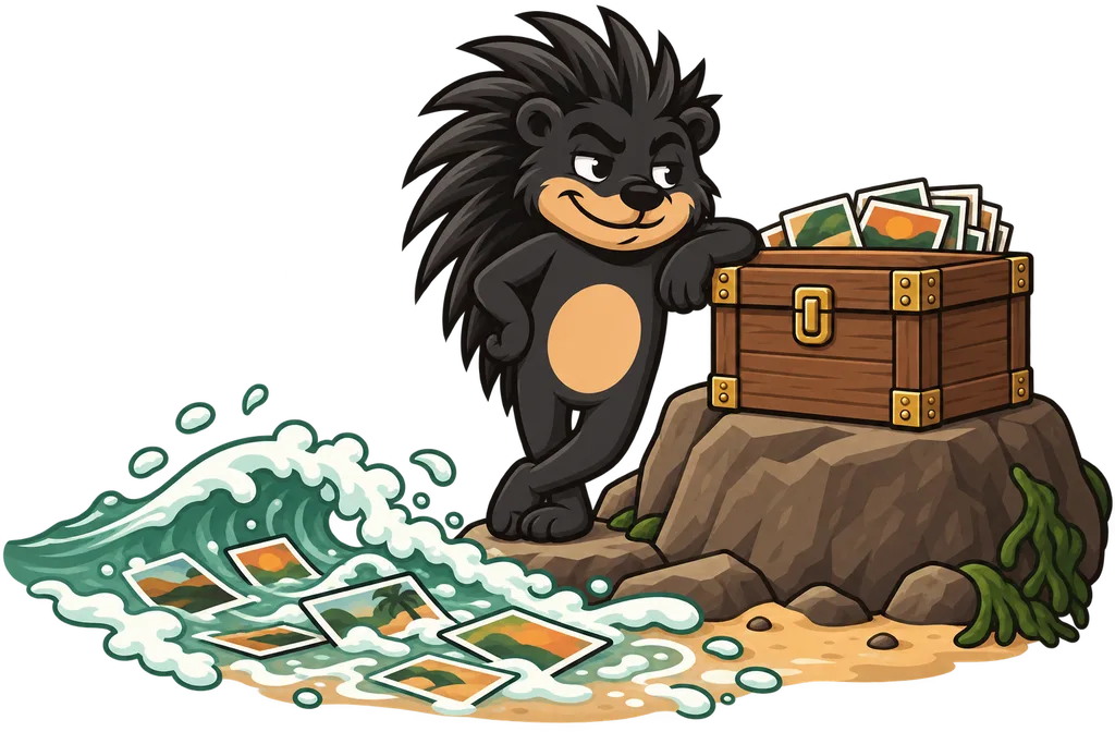 Pixl watches a wave wash over photos on the sand while his wooden crate sits safe on a rock