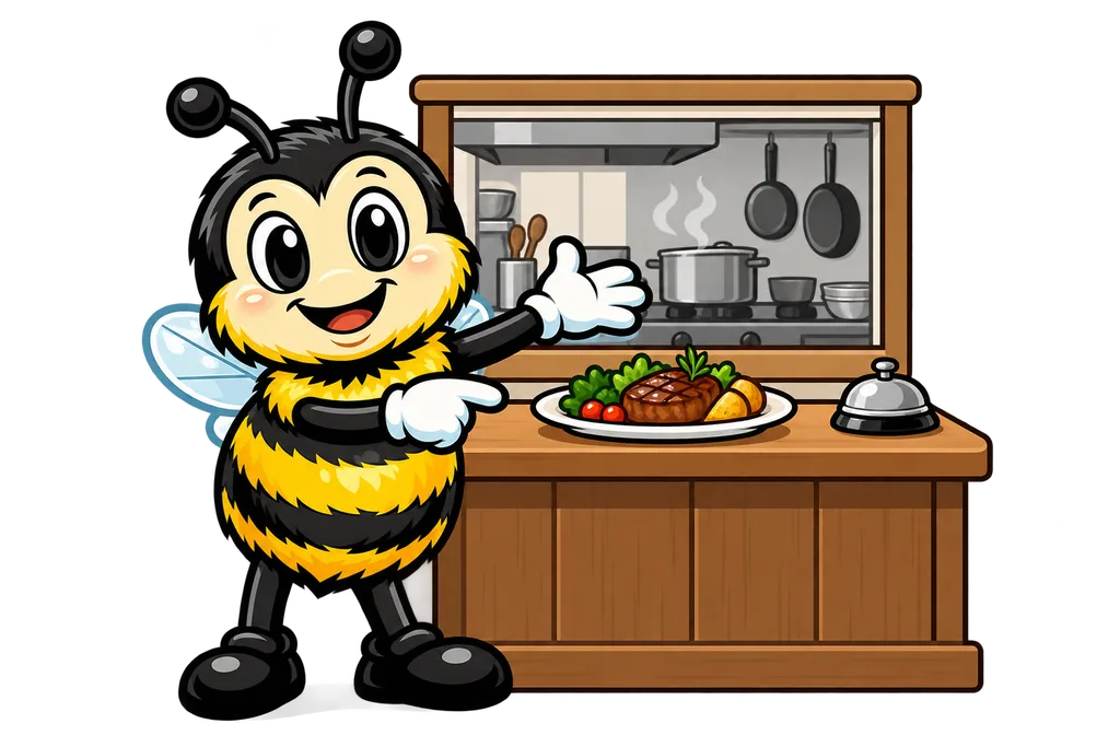 Buzz points at a restaurant counter with a plated dish and service bell, a busy kitchen visible behind a window