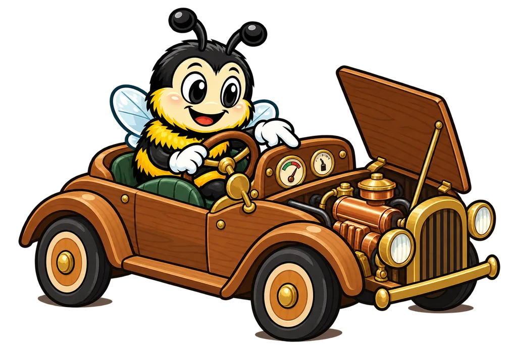 Buzz drives a vintage toy car with brass dashboard gauges while the open hood shows a copper engine