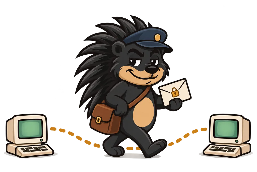 Pixl as a mail carrier with cap and satchel carries a padlocked envelope along a dotted path between two retro computers